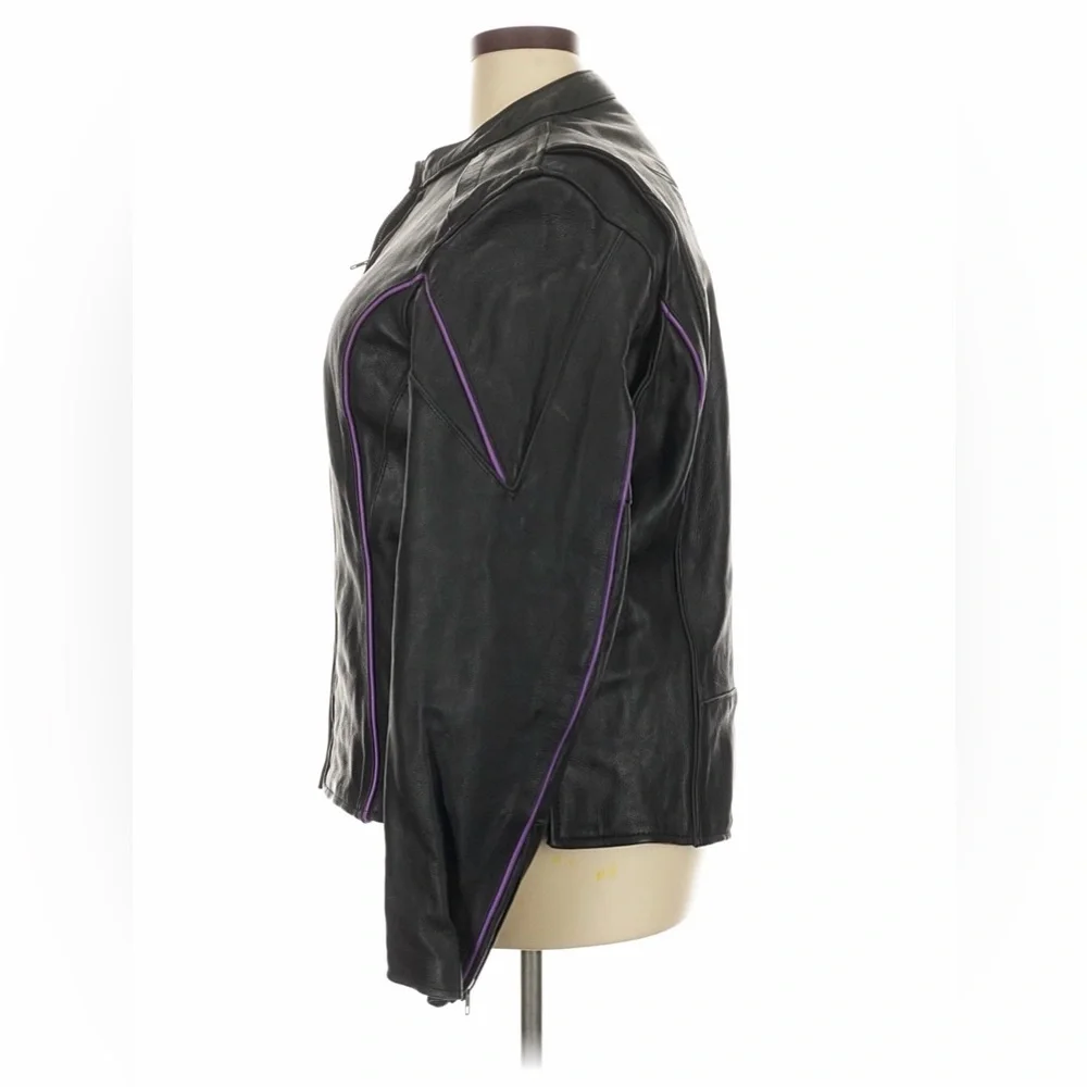 Women's Black Leather Motorcycle Jacket with Purple Embroidered Phoenix